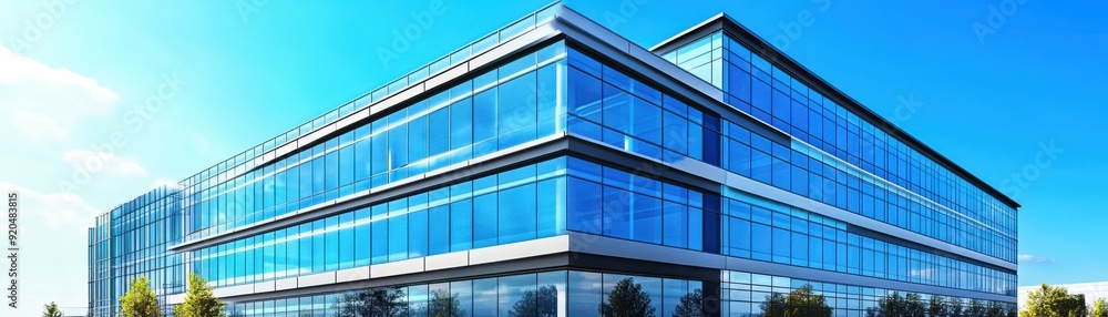 Modern office building with large glass windows reflecting a clear blue sky, epitomizing contemporary architectural design. Modern office building with large glass windows reflecting a clear blue sky, epitomizing contemporary architectural design.