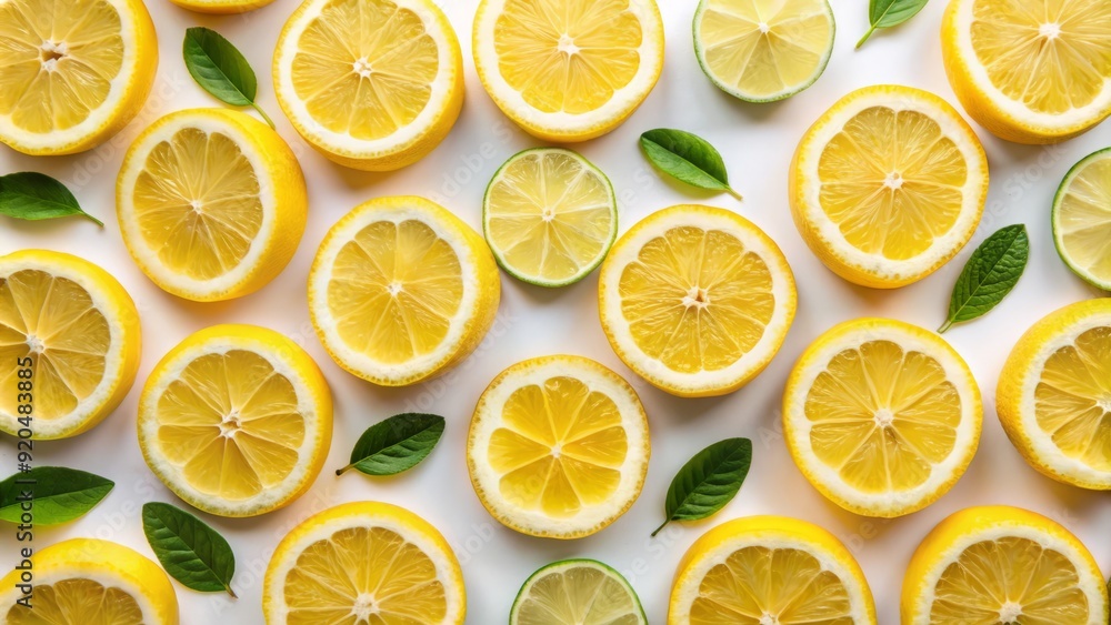 Fototapeta premium Freshly sliced lemons arranged in a decorative pattern on a pristine white background, highlighting their vibrant yellow color and juicy pulp.