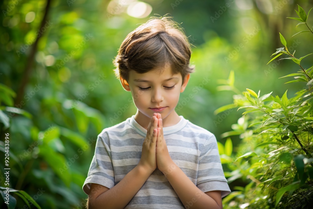 Serene young boy in a peaceful outdoor setting, eyes closed, hands in prayer, surrounded by lush greenery, embodying innocence and mindfulness in nature. Serene young boy in a peaceful outdoor setting, eyes closed, hands in prayer, surrounded by lush greenery, embodying innocence and mindfulness in nature.