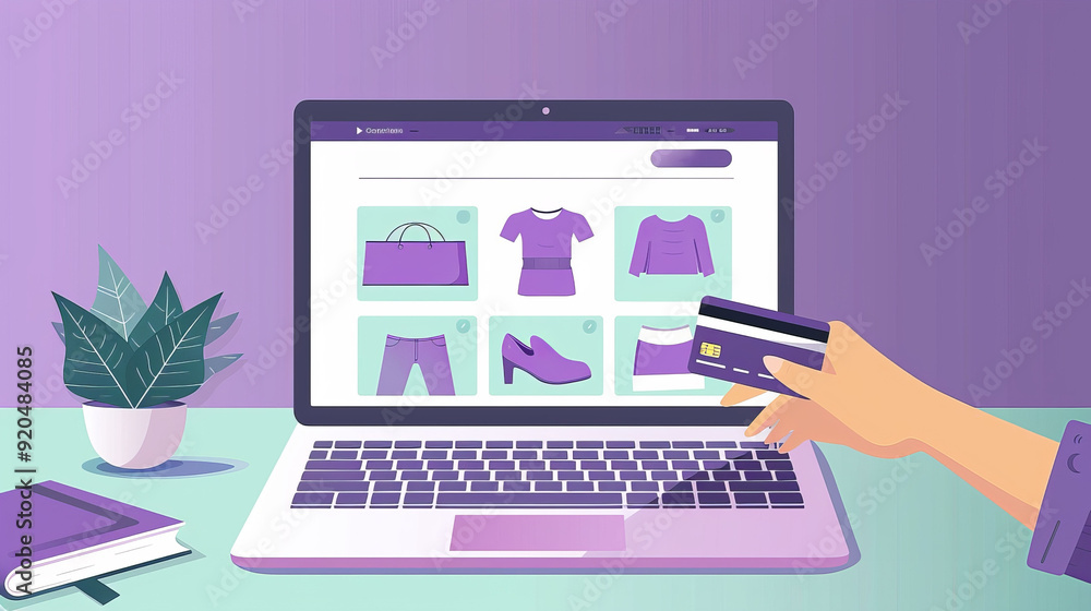 A woman shopping online for clothing with a credit card, showcasing a colorful website with various fashion items. A woman shopping online for clothing with a credit card, showcasing a colorful website with various fashion items.