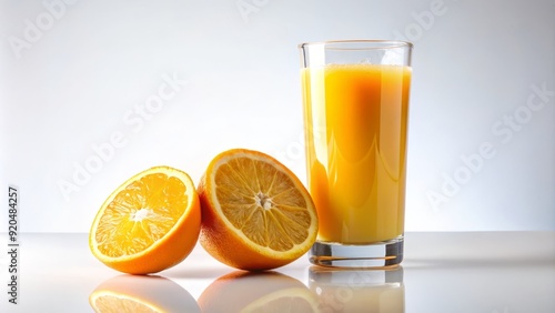 Freshly squeezed orange juice overflowing from a tall clear glass with a slice of orange on top, set against a clean white background.