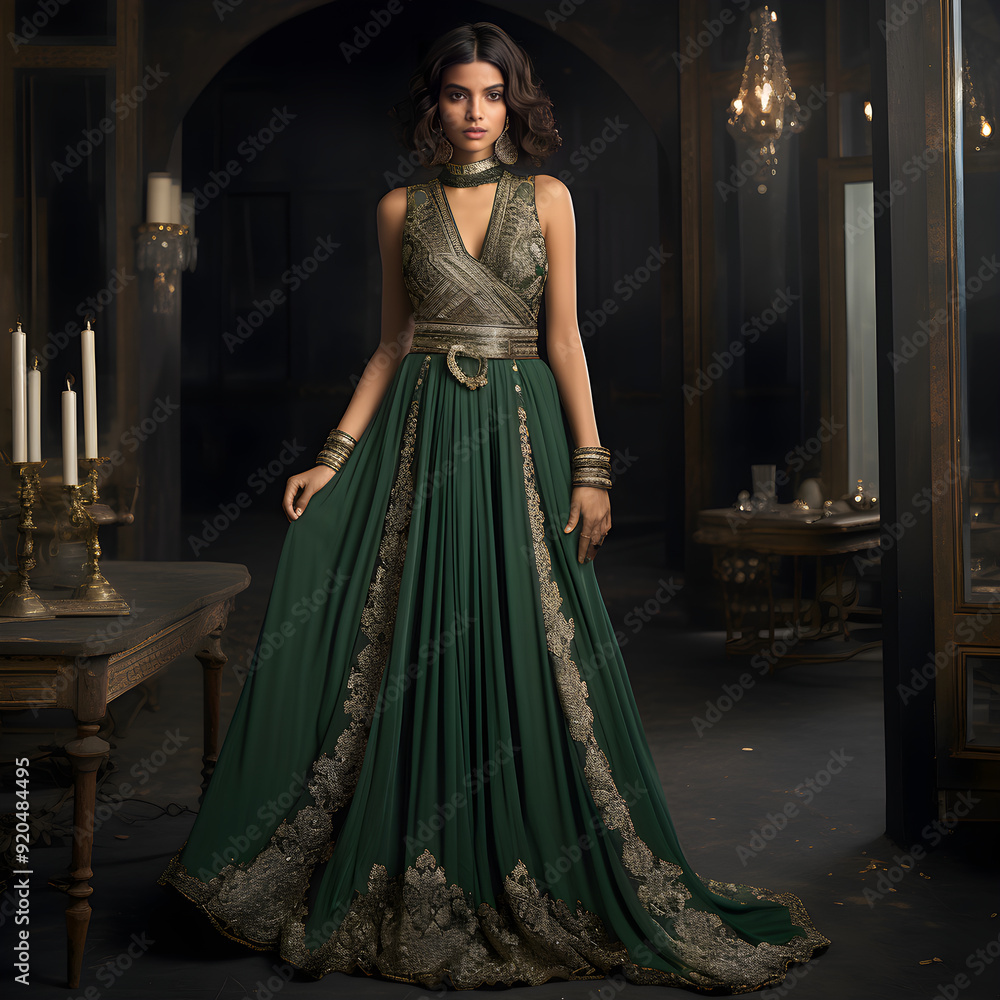 Dramatic Display of High-End Fashion: Elegant Green Gown with Golden Embellishments Dramatic Display of High-End Fashion: Elegant Green Gown with Golden Embellishments