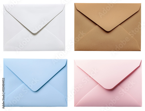 Collection of Envelopes in White, Brown Kraft, Blue, and Pink Isolated on Transparent Background photo