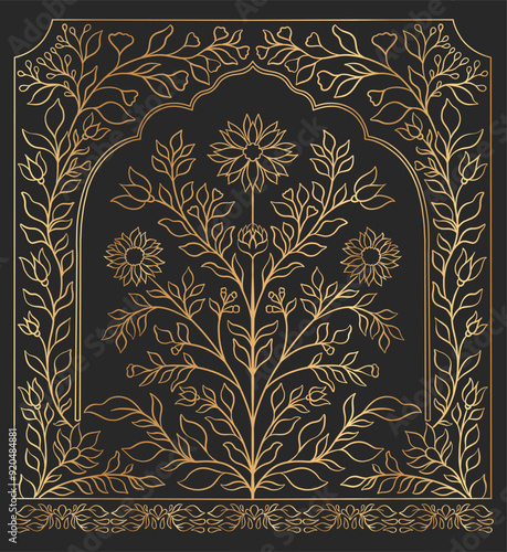 Mughal decorative ornamental floral. Vintage intricate traditional mughal style with flowers and foliage.