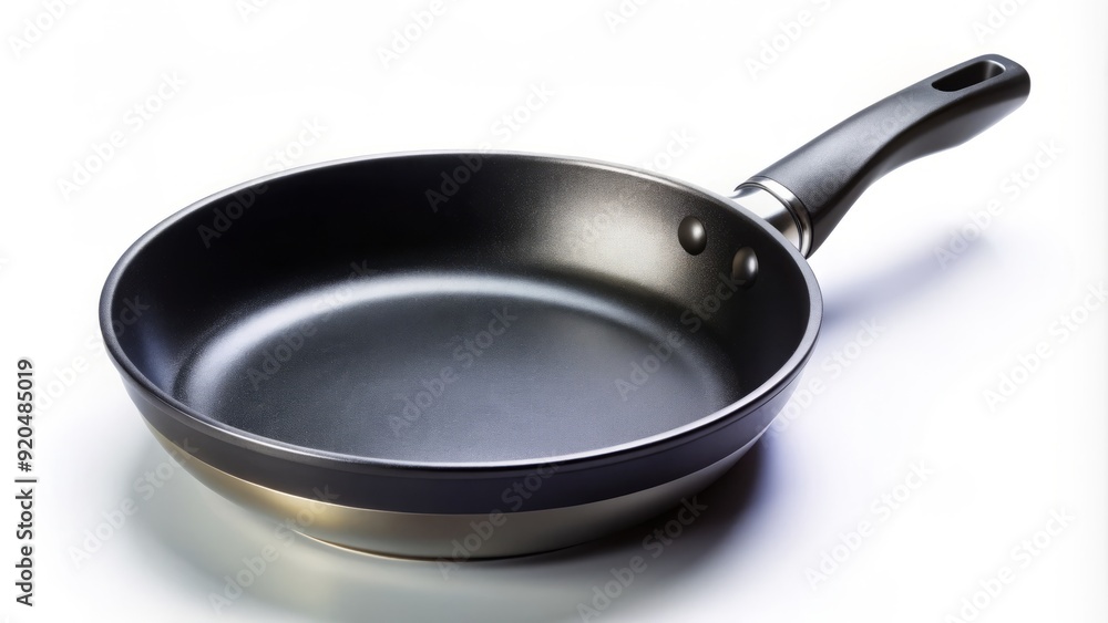Glossy black nonstick frying pan with ergonomic handle on a white background, showcase of modern cookware with a sleek and durable design aesthetic. Glossy black nonstick frying pan with ergonomic handle on a white background, showcase of modern cookware with a sleek and durable design aesthetic.