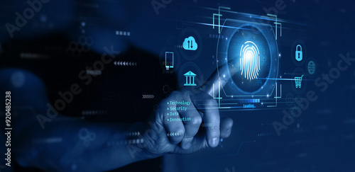  Biometrics security and innovation technology. Concept of securing personal data against hackers. Fingerprint indentification to personal access
 photo