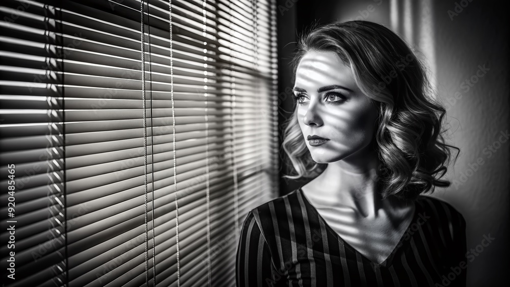 Moody black and white portrait of a woman standing beside a window with closed blinds, juxtaposing soft natural light with deep shadows and intense contrast. Moody black and white portrait of a woman standing beside a window with closed blinds, juxtaposing soft natural light with deep shadows and intense contrast.