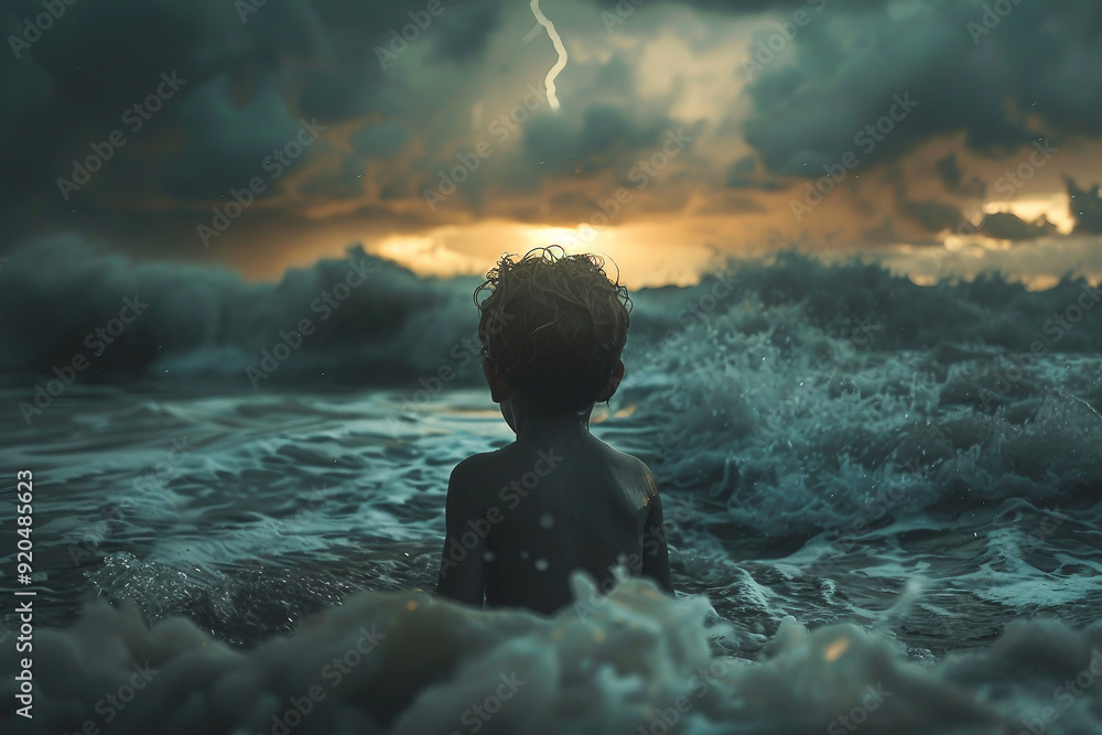 Obraz premium Scary storm day, person in danger under tsunami storm thunderstorm lightning, Generative AI