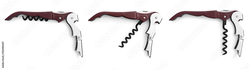 Collage with corkscrew (sommelier knife) on white background Collage with corkscrew (sommelier knife) on white background