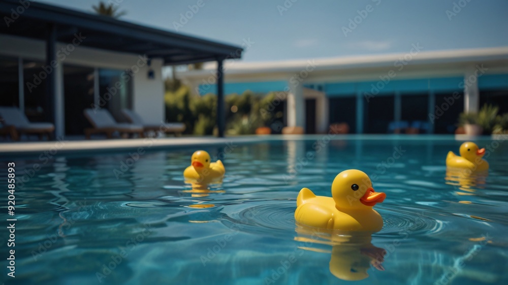 yellow rubber ducks in pool , AI Generated.