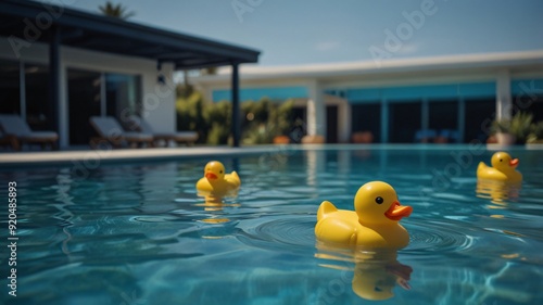 Obraz na płótnie yellow rubber ducks in pool , AI Generated. w salonie