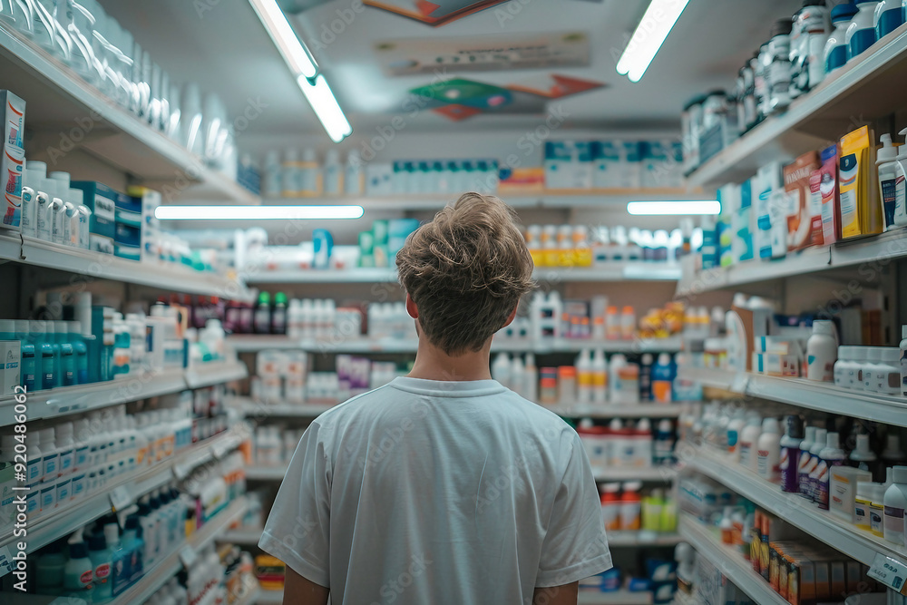 Photo of buyer in pharmacy shop full of medicines generative AI Photo of buyer in pharmacy shop full of medicines generative AI