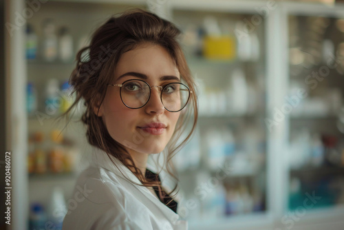 Photography of smiling pharmacist in a pharmacy store generative ai