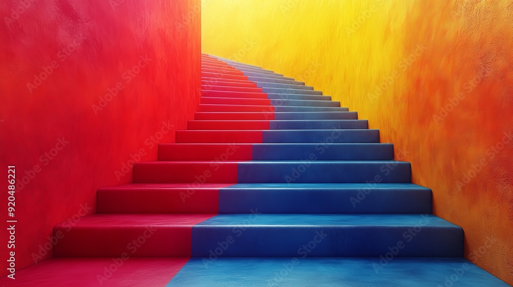 A colorful staircase with red and blue steps A colorful staircase with red and blue steps
