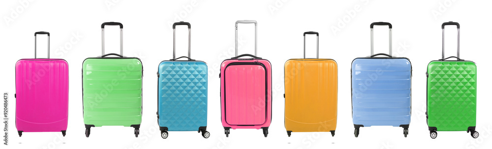 Stylish suitcases of different colors on white background, set Stylish suitcases of different colors on white background, set