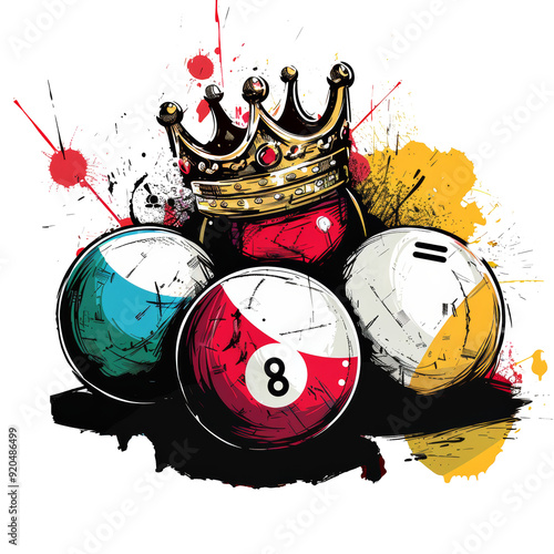 Billiard balls and crown drawn with graffiti in grunge style isolated on transparent photo