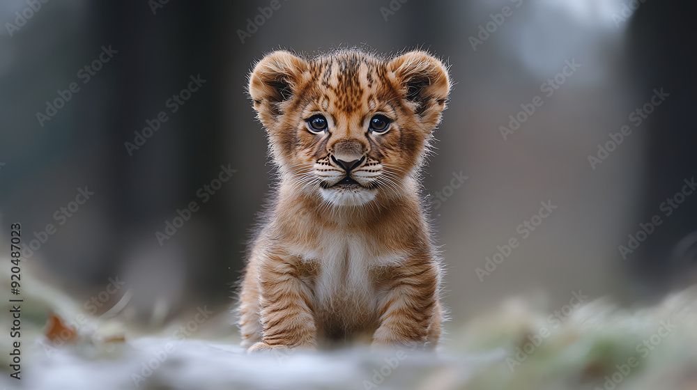 Fototapeta premium A small, brown lion cub with big, round eyes is sitting on the ground,