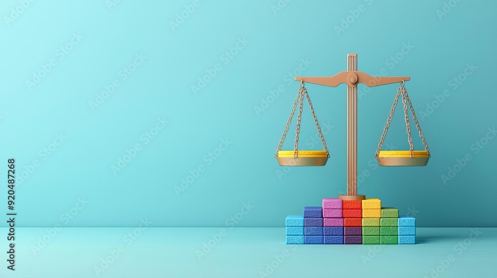Justice scales with a rainbow, representing equality and diversity, 3D illustration Justice scales with a rainbow, representing equality and diversity, 3D illustration