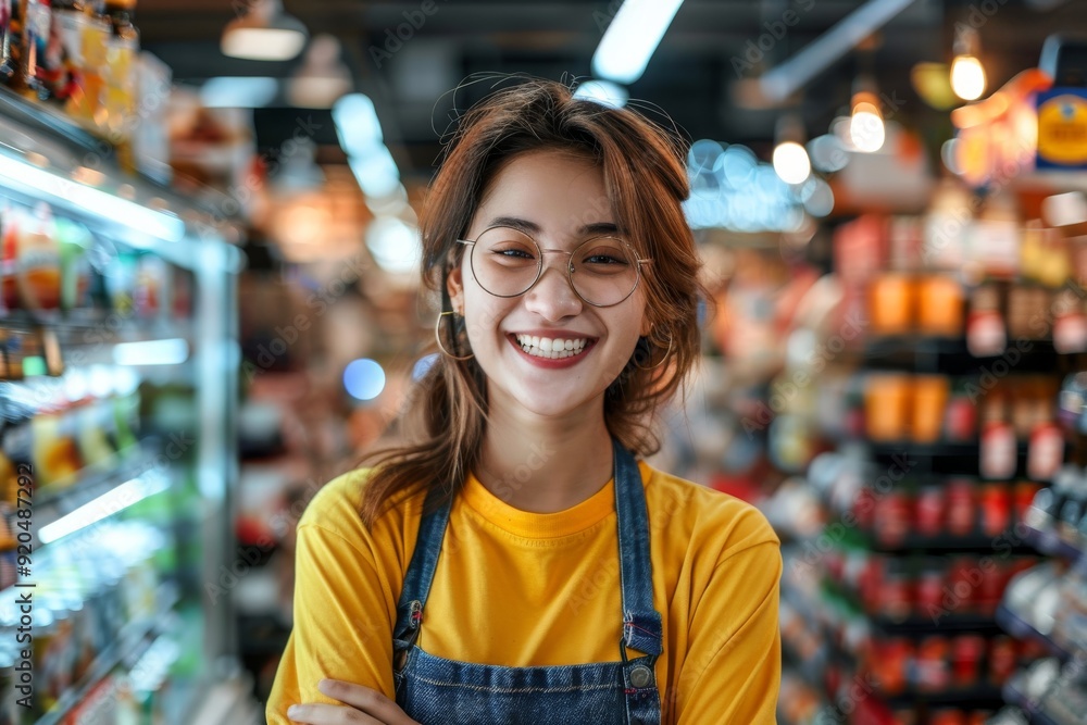 A smiling woman stands in a supermarket aisle, surrounded by colorful products and shelves filled with groceries, Ai generated A smiling woman stands in a supermarket aisle, surrounded by colorful products and shelves filled with groceries, Ai generated