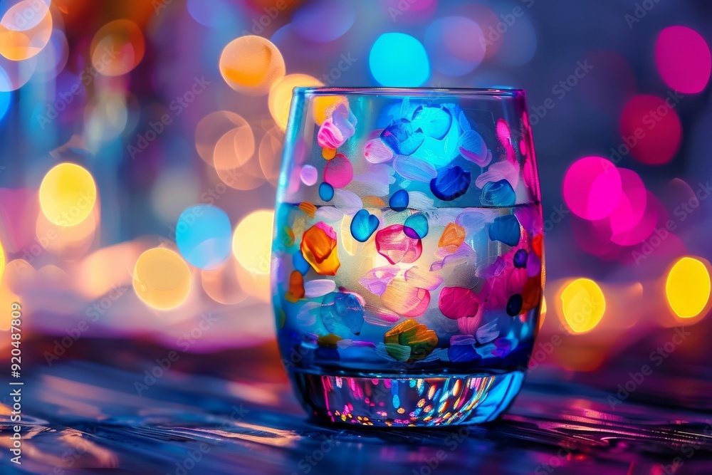 Hand-painted glassware with bokeh effect, A glass adorned with splashes of blue and yellow paint, creating a striking visual contrast, AI generated Hand-painted glassware with bokeh effect, A glass adorned with splashes of blue and yellow paint, creating a striking visual contrast, AI generated