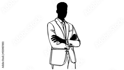 standing black man in suit and tie with crossed arms line art illustration vector