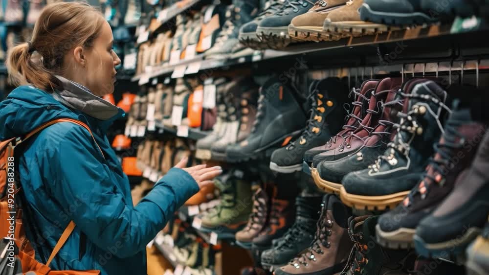 A Woman looking at hiking shoes in a store Ideas for shopping for hiking A Woman looking at hiking shoes in a store Ideas for shopping for hiking