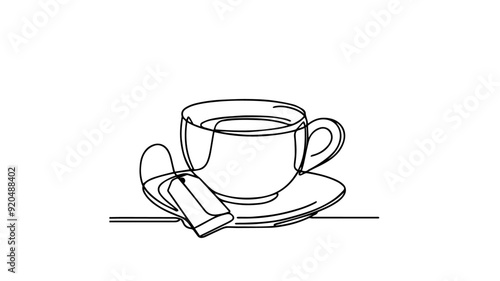 tea cup with a tea bag one line illustration