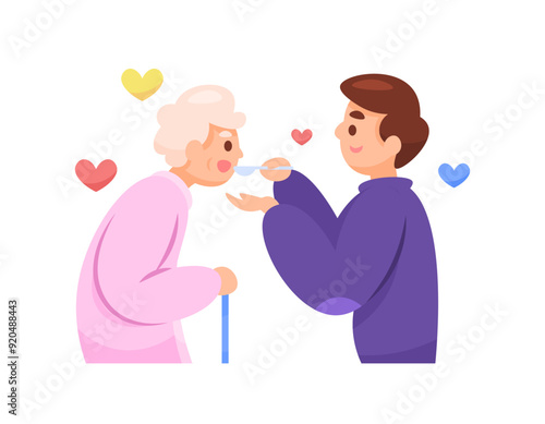 illustration of a boy feeding grandma. loving and caring for grandma. feeding mother. caring for parents. flat style character design. graphic elements