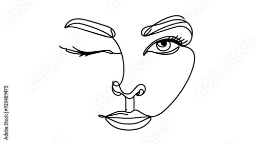 Female Face Winking Line Art Drawing 