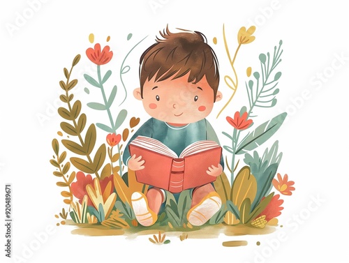 Child read book simple watercolor illustration. AI generated