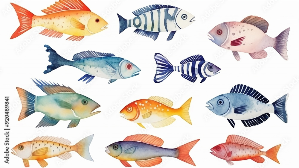 sea fish, collection, set, watercolor illustration isolated on a white background multicolored sea fish sea fish, collection, set, watercolor illustration isolated on a white background multicolored sea fish