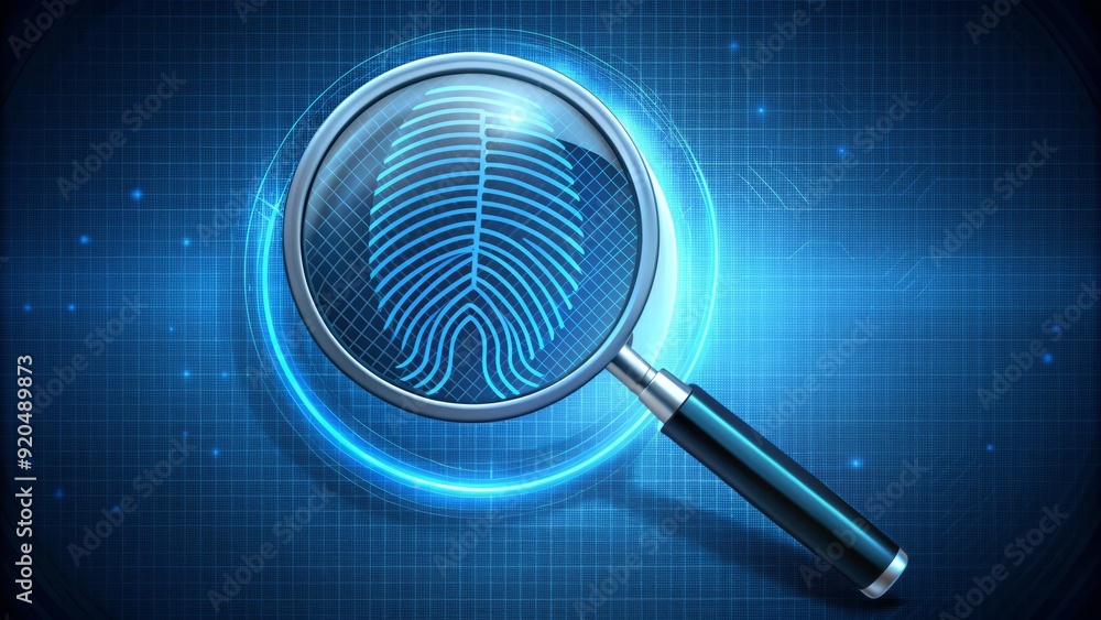 Magnifying glass icon with a DNA helix and fingerprint patterns, symbolizing forensic science and investigation, on a dark blue background with subtle grid texture. Magnifying glass icon with a DNA helix and fingerprint patterns, symbolizing forensic science and investigation, on a dark blue background with subtle grid texture.