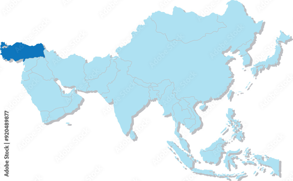 Highlighted map of TURKEY inside detailed blank flat political map of the Asian continent on isolated background Highlighted map of TURKEY inside detailed blank flat political map of the Asian continent on isolated background