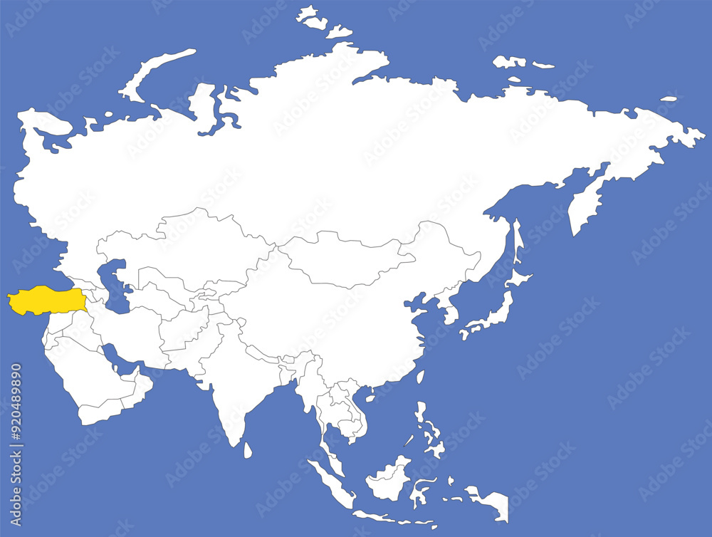 Fototapeta premium Highlighted map of TURKEY inside detailed blank flat political map of the Asian continent on isolated background
