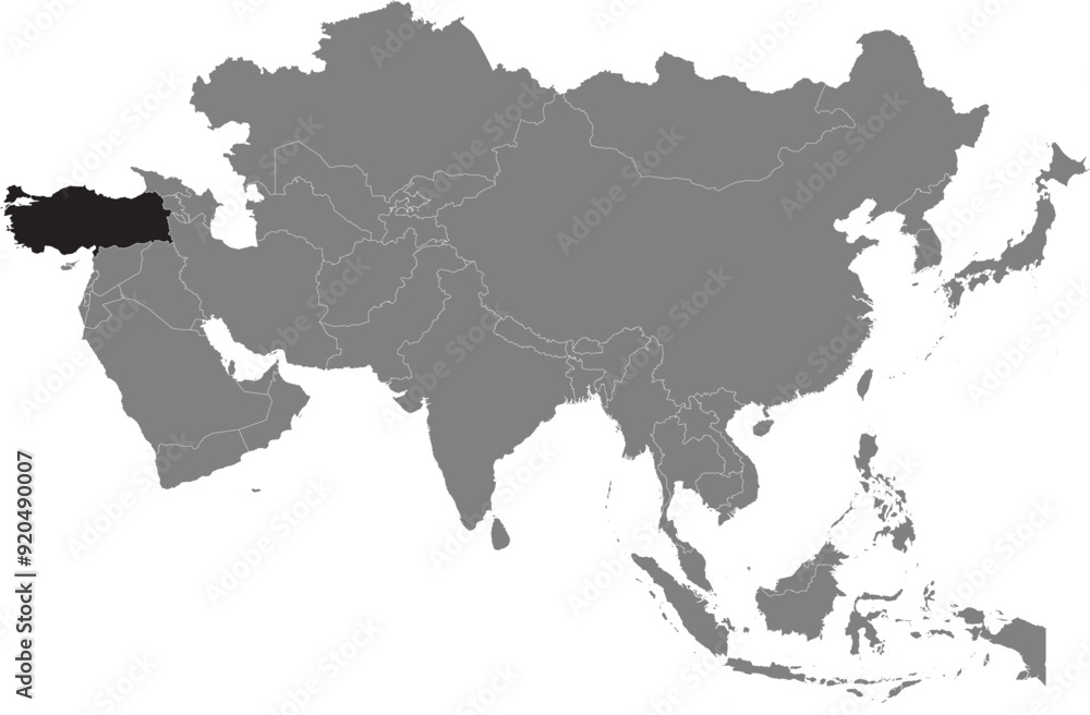 Obraz premium Highlighted map of TURKEY inside detailed blank flat political map of the Asian continent on isolated background