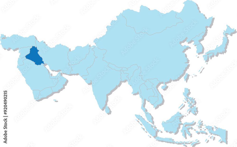 Obraz premium Highlighted map of IRAQ inside detailed blank flat political map of the Asian continent on isolated background