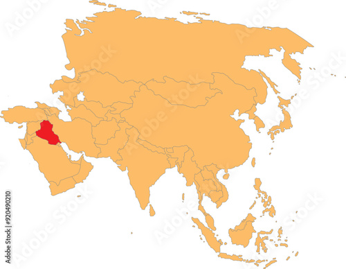 Highlighted map of IRAQ inside detailed blank flat political map of the Asian continent on isolated background