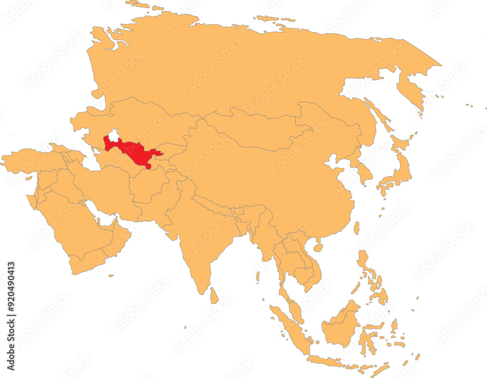 Fototapeta premium Highlighted map of UZBEKISTAN inside detailed blank flat political map of the Asian continent on isolated background