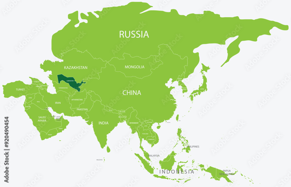Fototapeta premium Highlighted map of UZBEKISTAN inside detailed blank flat political map of the Asian continent on isolated background