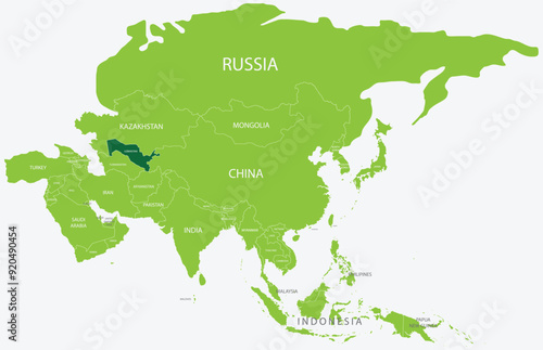 Highlighted map of UZBEKISTAN inside detailed blank flat political map of the Asian continent on isolated background
