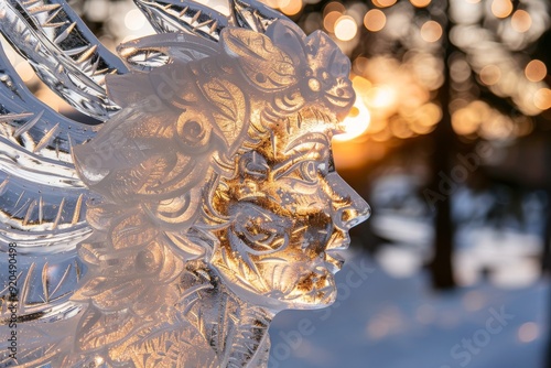 Hand-carved ice sculptures with bokeh effect, AI generated photo