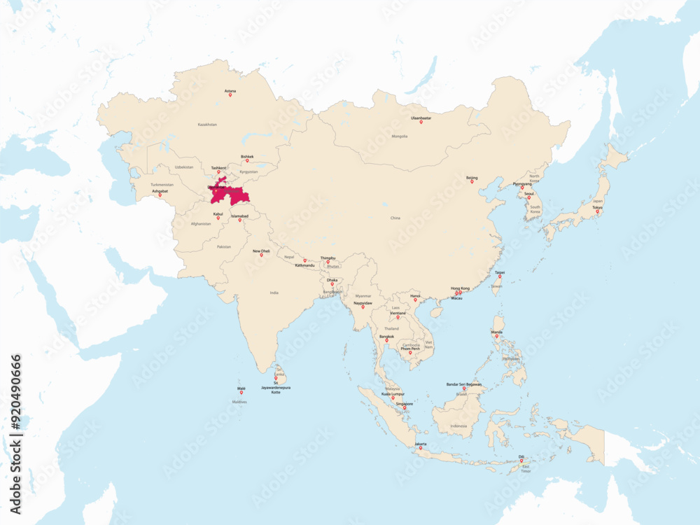 Obraz premium Highlighted map of TAJIKISTAN inside detailed blank flat political map of the Asian continent on isolated background