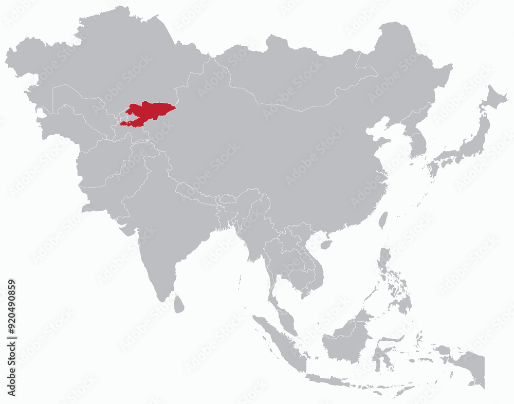 Obraz premium Highlighted map of KYRGYZSTAN inside detailed blank flat political map of the Asian continent on isolated background