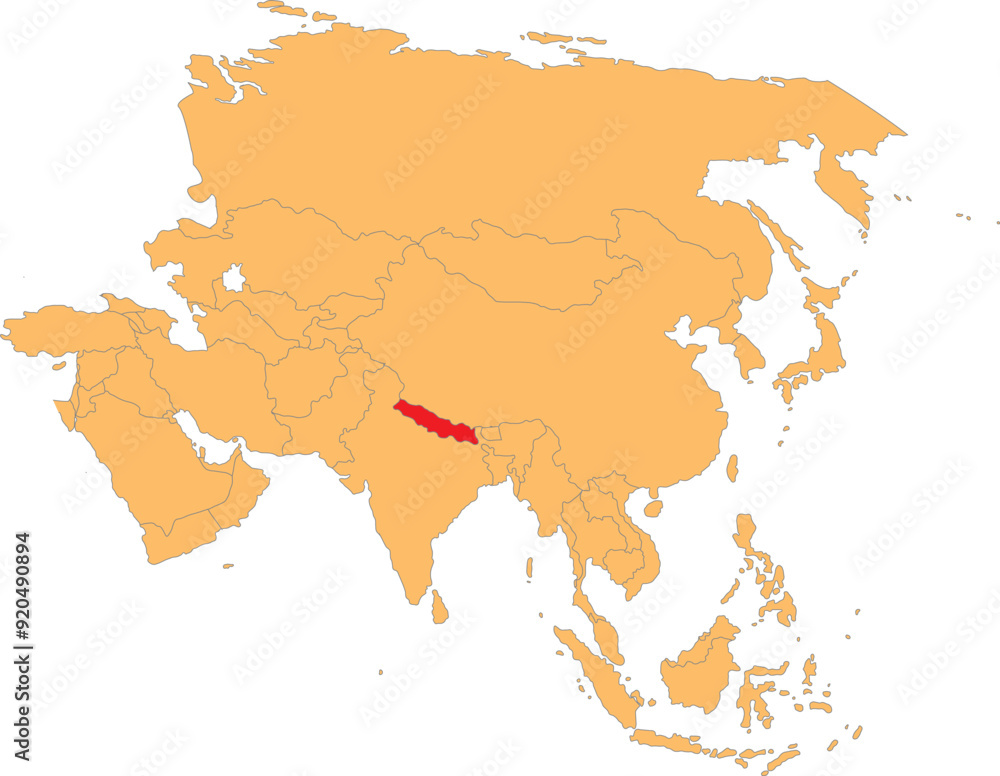 Highlighted map of NEPAL inside detailed blank flat political map of the Asian continent on isolated background Highlighted map of NEPAL inside detailed blank flat political map of the Asian continent on isolated background