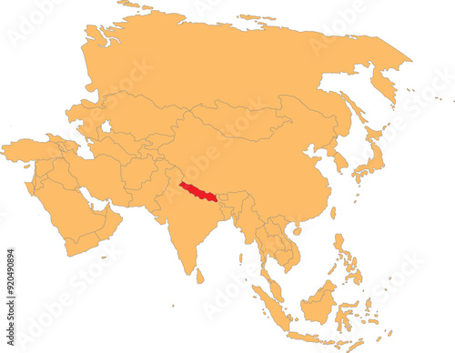 Highlighted map of NEPAL inside detailed blank flat political map of the Asian continent on isolated background