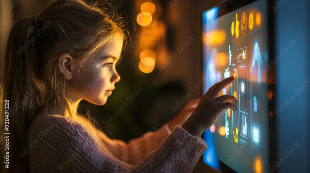 Young girl is touching screen on monitor in smart home technology, Concept of sustainable, efficient, and smart home. Young girl is touching screen on monitor in smart home technology, Concept of sustainable, efficient, and smart home.