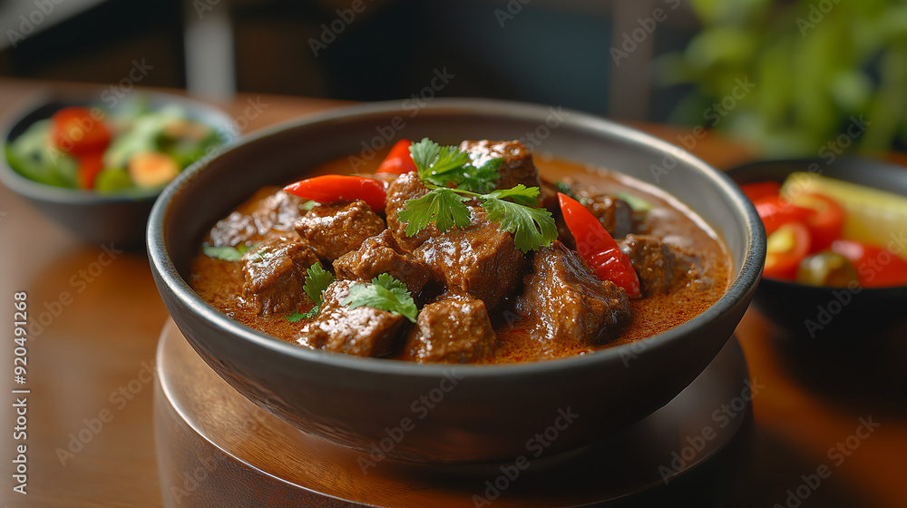 A bowl beef rendang on tabel. Generative AI A bowl beef rendang on tabel. Generative AI