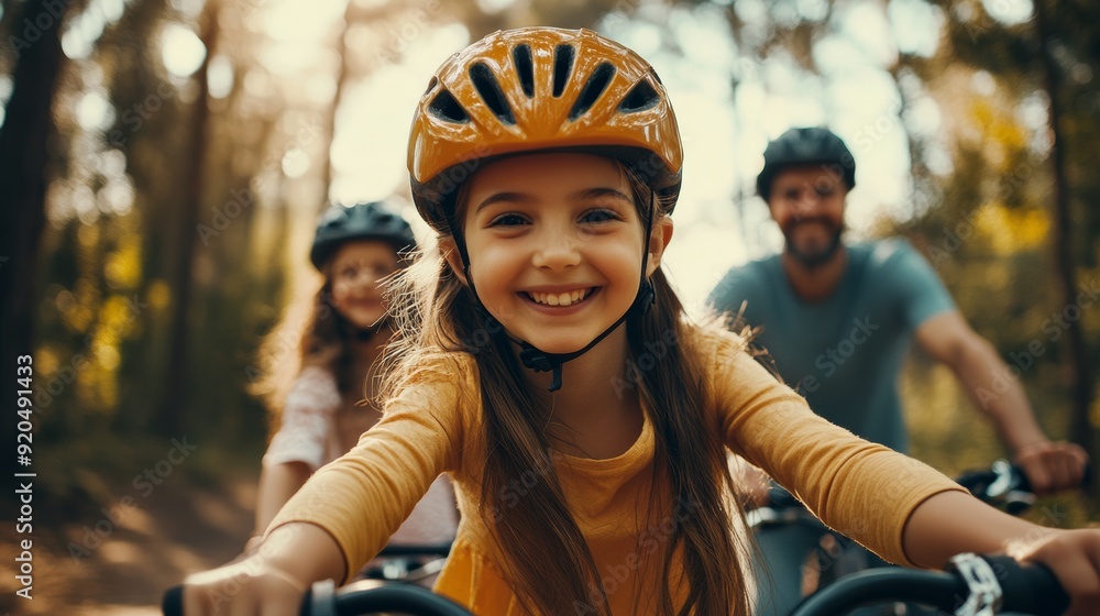 Happy family cycling in the forest, Father, mother and daughter wearing helmets with bicycles, Family outdoor activity concept. Happy family cycling in the forest, Father, mother and daughter wearing helmets with bicycles, Family outdoor activity concept.