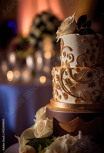 Luxury wedding cake decorated with a floral decor. Gold designs with flowers. photo