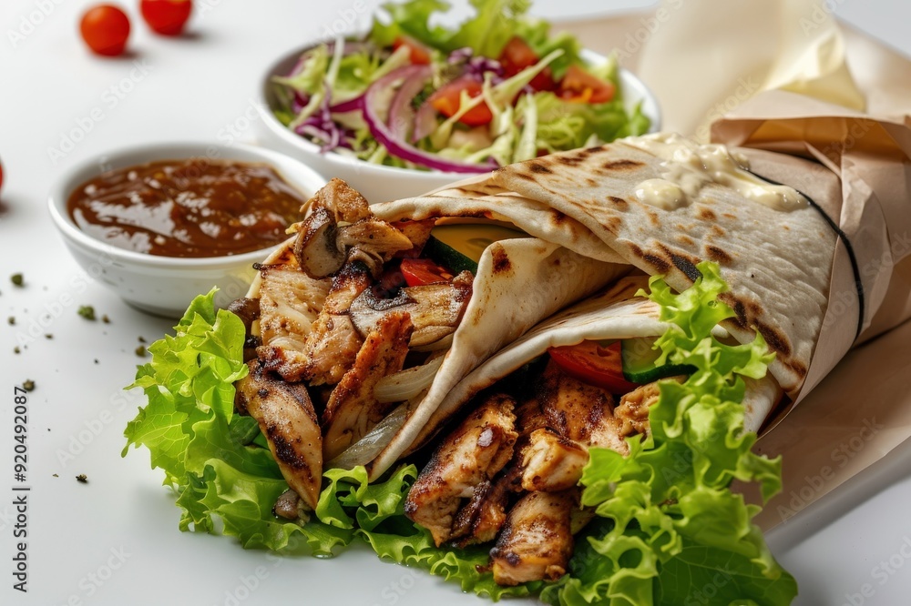 Doner kebab on a plate with french fries, salad and sauce close-up on a table. Horizontal top view. Beautiful simple AI generated image Doner kebab on a plate with french fries, salad and sauce close-up on a table. Horizontal top view. Beautiful simple AI generated image